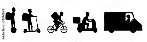 Set of flat vector illustrations. Silhouette of man on different delivery service vehicles. Electric scooter, moped,
unicycle, bike, minibus. Delivery concept isolated on a white background.