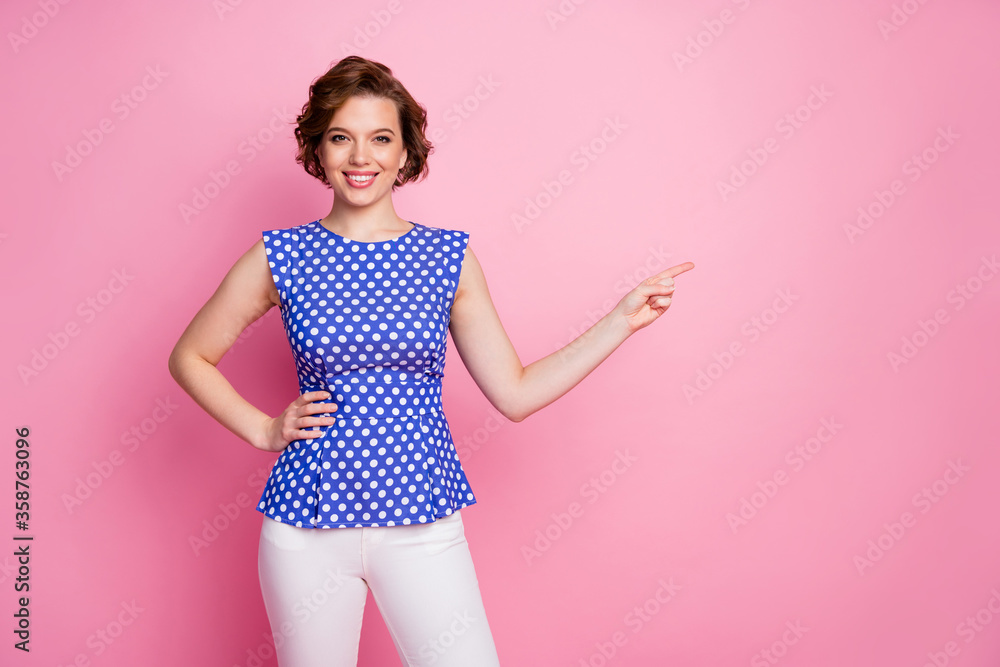 Portrait of her she nice-looking attractive lovely pretty cute cheerful cheery confident brown-haired girl showing copy space ad advert isolated over pink pastel color background Portrait of her she nice-looking attractive lovely pretty cute cheerful cheery confident brown-haired girl showing copy space ad advert isolated over pink pastel color background