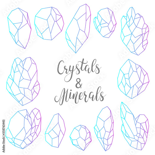 Pink blue gradient rough minerals, gems and raw crystals. Set of neon geometric stones. Hand drawn line art vector illustration with grunge shapes gemstones