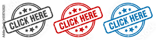 click here stamp. click here round isolated sign. click here label set