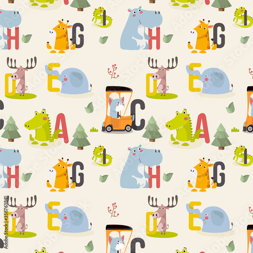 Seamless pattern with various cute and funny cartoon zoo animals on background elephant, giraffe, cat, deer, iguana, hippopotamus. Colorful vector illustration for fabric print, 