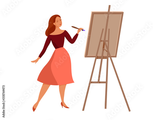 Young woman paints, oil canvas. 