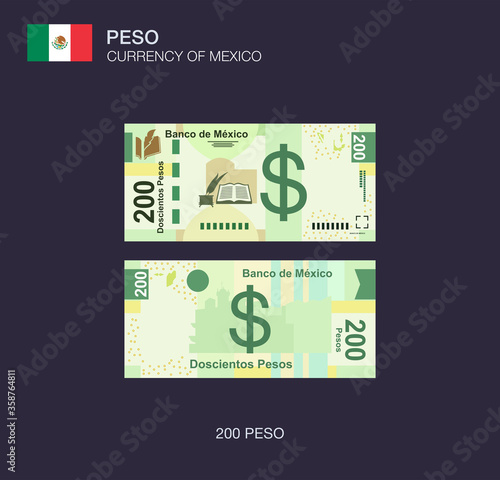 Currency of Mexico. Flat vector illustration of mexican two hundred peso.