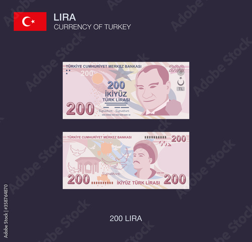 Currency of Turkey. Flat vector illustration of turkish two hundred lira.