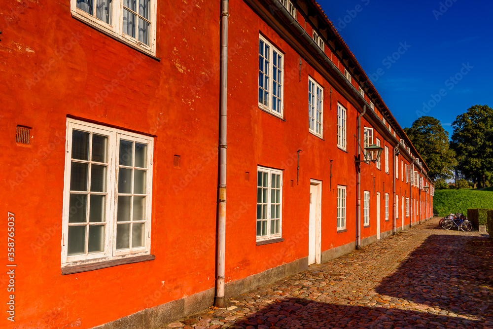 Red building in Kastellet, Copenhagen, Denmark, is one of the star fortresses in Northern Europe