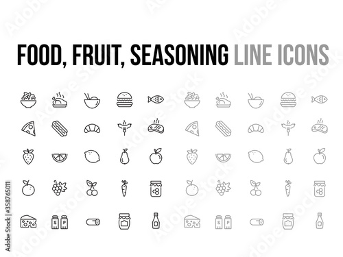 Food, fruit, seasoning vector thin line icon collection