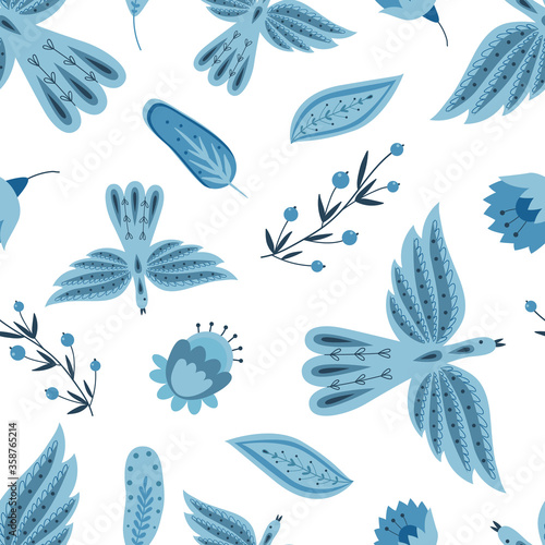 Photography Vector seamless pattern with flying blue birds in a folk art style