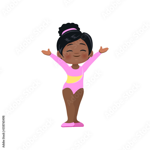 Vector sticker of cute cartoon African gymnast in rhythmic gymnastics competitions, athlete in training, children's sports school, isolated on a white background, eps 10