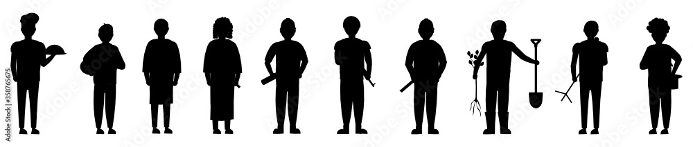 Set of flat vector characters of men of different professions. Artist, doctor, clown, judge, cook, military, farmer, singer, fireman, builder silhouettes. Isolated on white background. Set of flat vector characters of men of different professions. Artist, doctor, clown, judge, cook, military, farmer, singer, fireman, builder silhouettes. Isolated on white background.