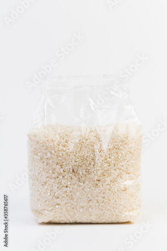 Packing rice porridge. Rice in casseroles on a white background.