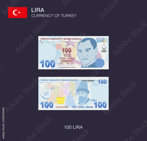 Currency of Turkey. Flat vector illustration of turkish one hundred lira.