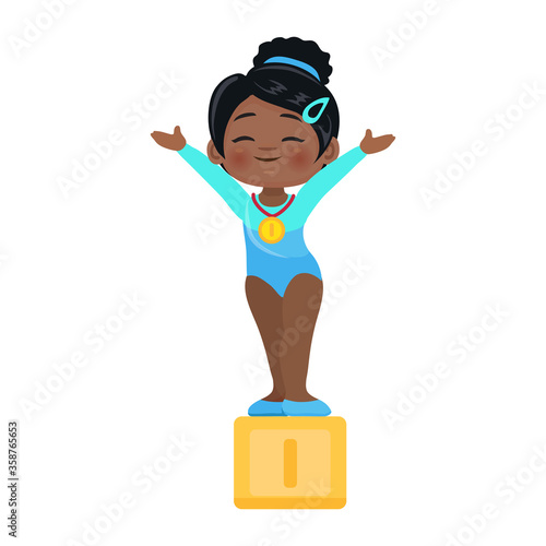 winner on the podium Vector sticker of cute cartoon African gymnast in rhythmic gymnastics competitions, athlete in training, children's sports school, isolated on a white background, eps 10
