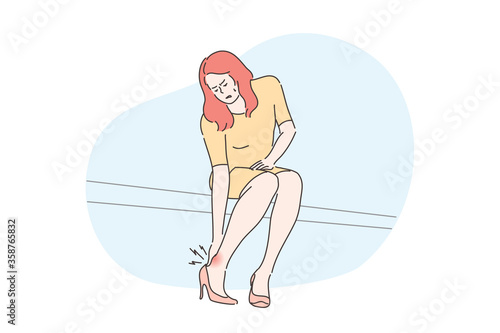 Pain, business, healthcare, desease concept. Young unhappy businesswoman clerk manager cartoon character feels hurt getting corn from shoes. Vein thrombosis or varicose deseases treatment illustration