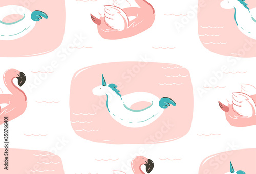 Hand drawn vector abstract summer time fun seamless pattern with pink flamingo float and unicorn swimming pool buoy circle isolated on white background