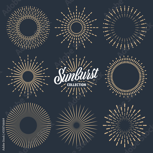 Vintage sunburst collection. Bursting sun rays. Fireworks. Logotype or lettering design element. Radial sunset beams. Vector illustration.