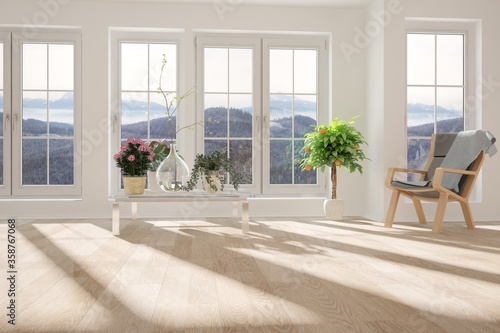 Fototapeta Naklejka Na Ścianę i Meble -  empty room with table,chair,plaid,flowers and big windows with mountain landscape interior design. 3D illustration
