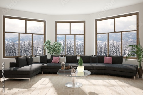 modern room witrh big sofa big windows with mountain landscape  table with furniture interior design. 3D illustration