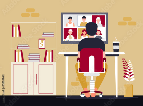 Remote school class is studying. Video call conference concept vector. Social distancing during quarantine. University online course. Teleconference and webinar concept. Teacher works.
