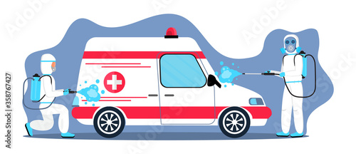Disinfection of ambulance. Disinfectant workers are wearing protective mask and suit. Man is carrying gas cylinder. Toxic and chemicals protection vector. Spraying of antiseptic smoke.