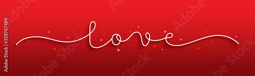 LOVE white vector monoline calligraphy banner with hearts on red background