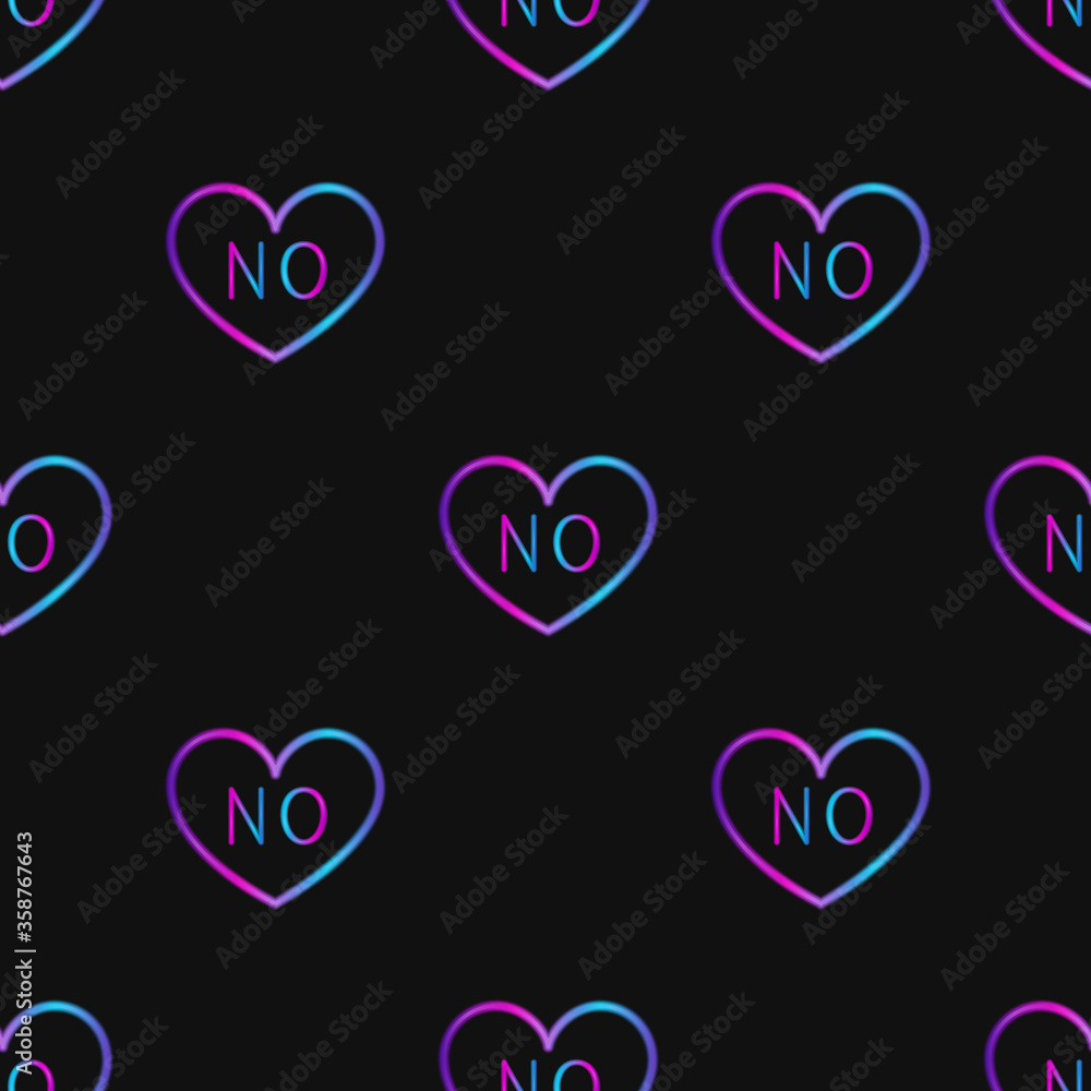 Seamless pattern with neon heart with word no on black background. Violet, pink and blue gradient. Stock illustrtaion for web, print, holiday cards and invitations, wallpaper Seamless pattern with neon heart with word no on black background. Violet, pink and blue gradient. Stock illustrtaion for web, print, holiday cards and invitations, wallpaper