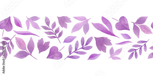 Good texture for textile, printed production, banners design.Hand drawn watecolor seamless pattern with pink, purple, violet and blue twigs and leaves.  Lovely, delicate design. photo