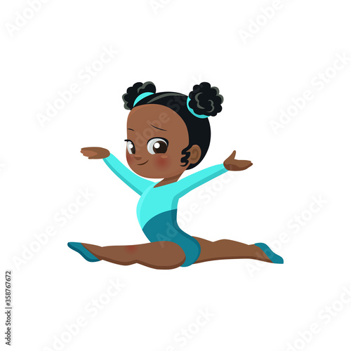 Vector sticker of cute cartoon African gymnast in rhythmic gymnastics competitions, athlete in training, children's sports school, isolated on a white background, eps 10