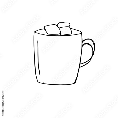 Hot chocolate with marshmallow in a cup, vector illustration, hand drawing