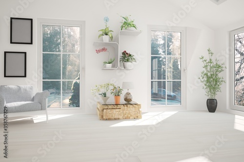 modern room with table,armchair,many plants,frames and windows with natural background interior design. 3D illustration