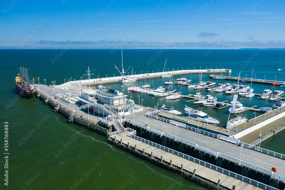 Sopot Aerial View. Sopot resort in Poland. Wooden pier (molo) with marina and yachts. Sopot is major tourist destination in Poland. Sopot Aerial View. Sopot resort in Poland. Wooden pier (molo) with marina and yachts. Sopot is major tourist destination in Poland.
