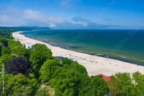 Sopot Aerial View. Beautiful architecture of Sopot resort from above. Wooden pier (molo) and Gulf of Gdansk. Sopot is major tourist destination in Poland.