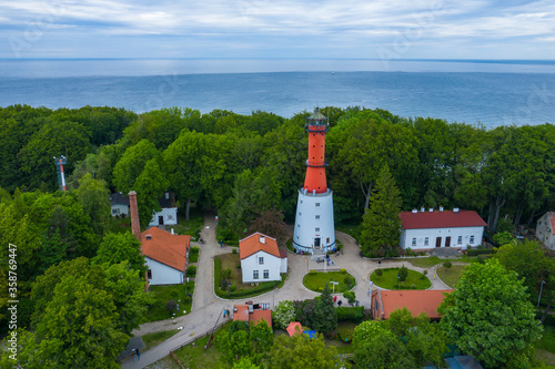 Aerial view of lighthouse in the small village of Rozewie on the Polish seashore of the Baltic Sea. Poland. Europe. photo