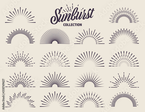 Vintage sunburst collection. Bursting sun rays. Fireworks. Logotype or lettering design element. Radial sunset beams. Vector illustration.
