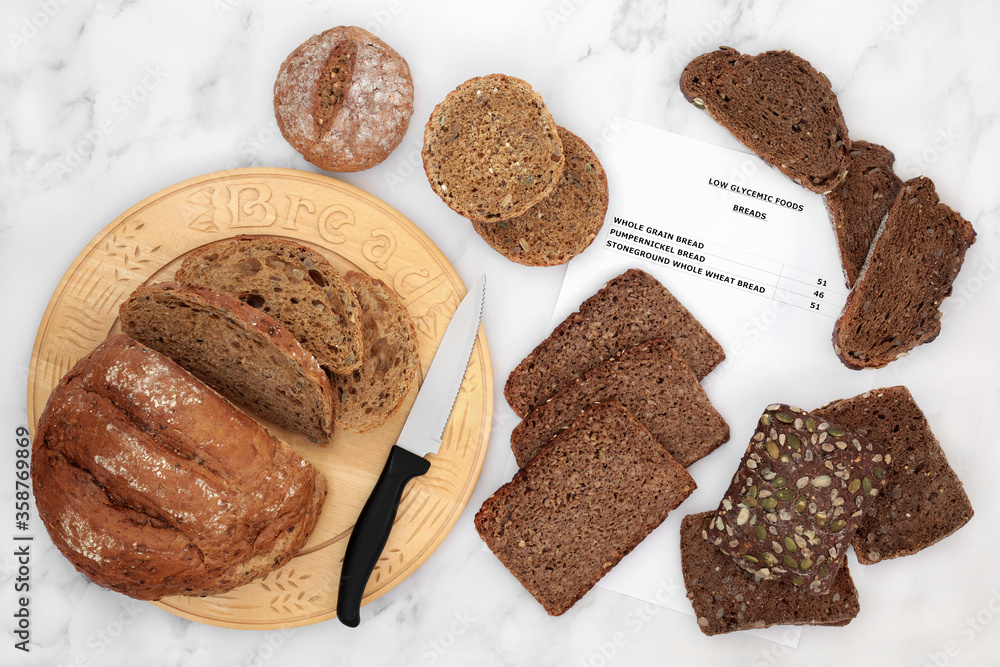 Low glycemic bread selection for diabetics with corresponding list