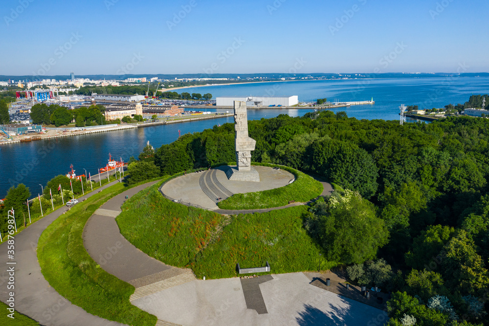 Aerial view of Westerplatte Monument in memory of the Polish defenders. The Battle of Westerplatte was one of the first battles in Germany's invasion of Poland, World War II.