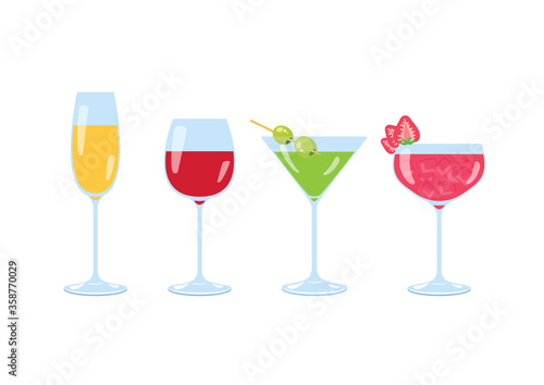 Different type of alcoholic drinks and glasses icon vector. Different types of alcoholic glasses icon isolated on a white background. Glasses of champagne, red wine, martini and strawberry daiquiri