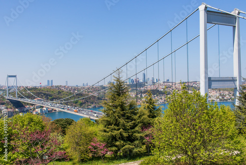 Istanbul, Turkey - completed in 1988 and one of the main landmarks in Istanbul, the Fatih Sultan Mehmet Bridge connects Europe and Asia. Here in particular the bridge seen from Fatih Korusu park © SirioCarnevalino