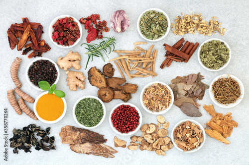 Super food collection for good health, vitality and fitness including herbs and spice used in natural and chinese herbal medicine. Immune system boosting. Flat lay.