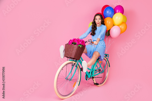 Full length body size view of attractive cheerful cheery wavy-haired lady riding bike without legs delivering celebratory festal decoration having fun grimacing isolated pink pastel color background © deagreez