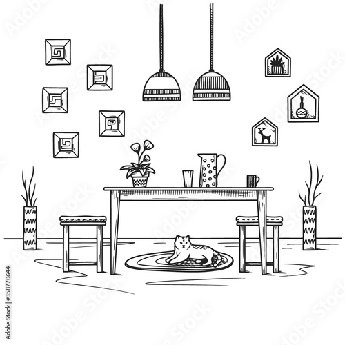Sketch dining room in boho style. Furniture and many different elements of the interior. Vector