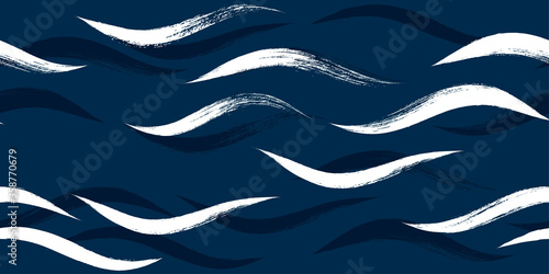 Seamless Wave Pattern, Hand drawn water sea modern vector background. Wavy beach brush stroke, curly grunge paint lines, watercolor illustration