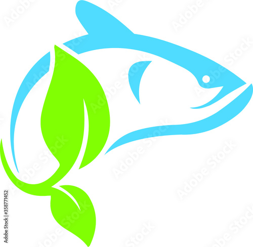 An abstract icon logo of a Fish with a leaf