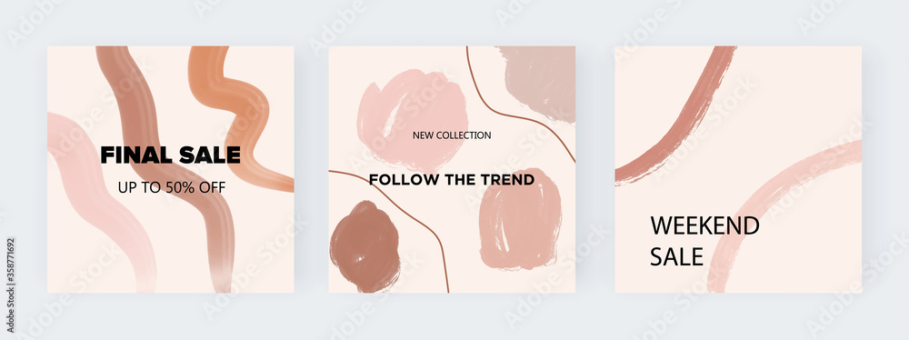 Social media square banners with nude abstract freehand brush stroke watercolor shapes
