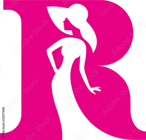 An Abstract icon logo of a Letter R with a Negative space image of a well-dressed lady with a hat