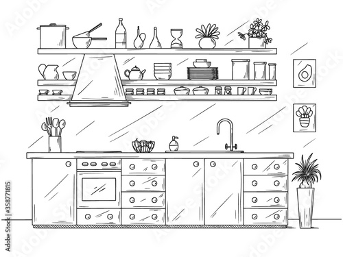 Hand drawn kitchen. Illustration in sketch style.