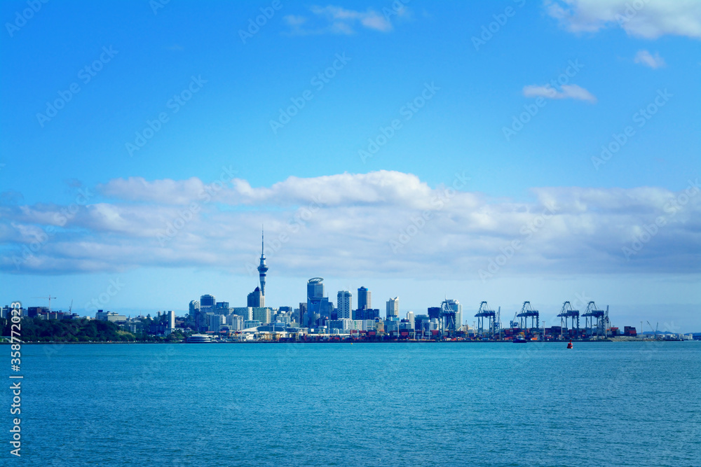 Auckland City and Auckland port as seen from Okahu Bay.