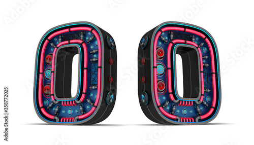 Black number with Red and blue Neon light 3d rendering illustration with clipping paths.