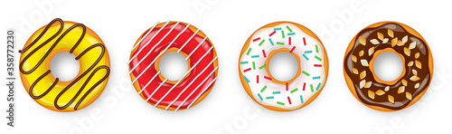 Donut with cream. Cookie cake. Sweet dessert with sugar and caramel. Cafeteria food, snack. Coffee shop.Vector illustration.