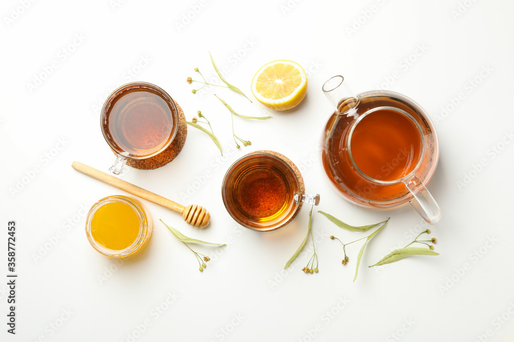 Composition with linden tea on white background, top view. Natural tea Composition with linden tea on white background, top view. Natural tea