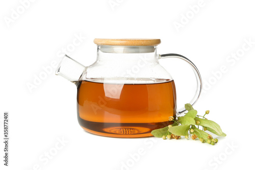 Teapot and linden isolated on white background